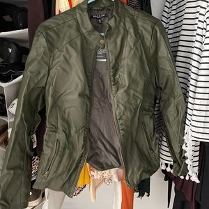 Olive green leather jacket. Size Large never worn.
